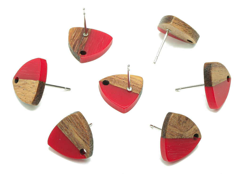 Natural Wooden Shield Earring Stud - Walnut Wood Red Resin Earring Post - 316 Stainless Steel Stud - 14.1x13.1x3.6mm - BB1263L - DOMEDBAZAAR