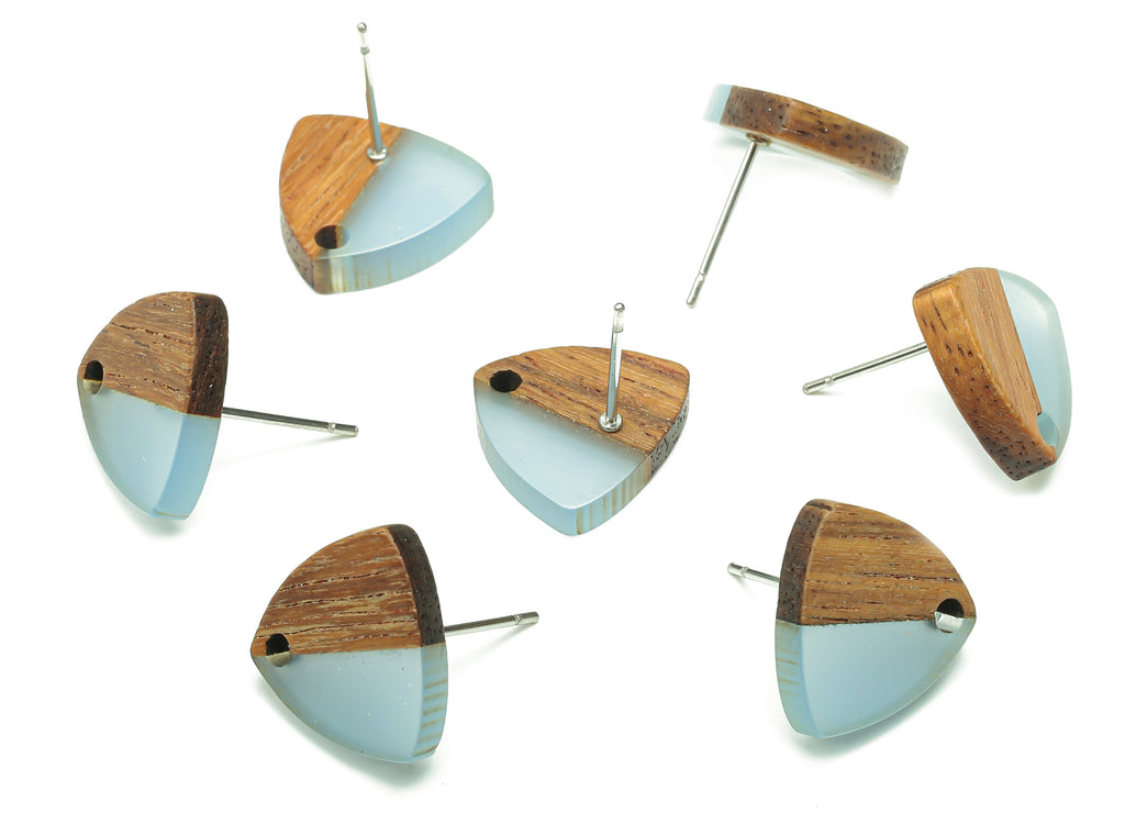Natural Wooden Shield Earring Stud - Walnut Wood Light Blue Resin Earring Post - 316 Stainless Steel Stud - 14.1x13.1x3.6mm - BB1263M - DOMEDBAZAAR