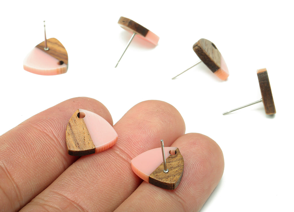 Natural Wooden Shield Earring Stud - Walnut Wood Pink Resin Earring Post - 316 Stainless Steel Stud - 14.1x13.1x3.6mm - BB1263N - DOMEDBAZAAR