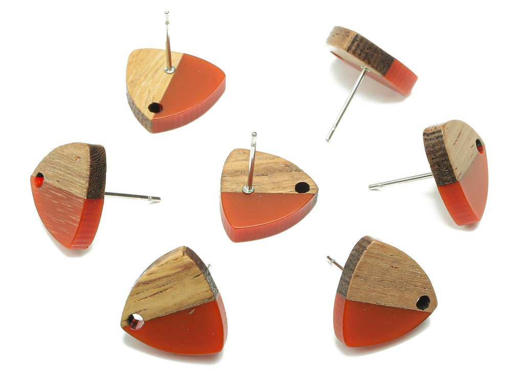 Natural Wooden Shield Earring Stud - Walnut Wood Red Resin Earring Post - 316 Stainless Steel Stud - 14.1x13.1x3.6mm - BB1263P - DOMEDBAZAAR