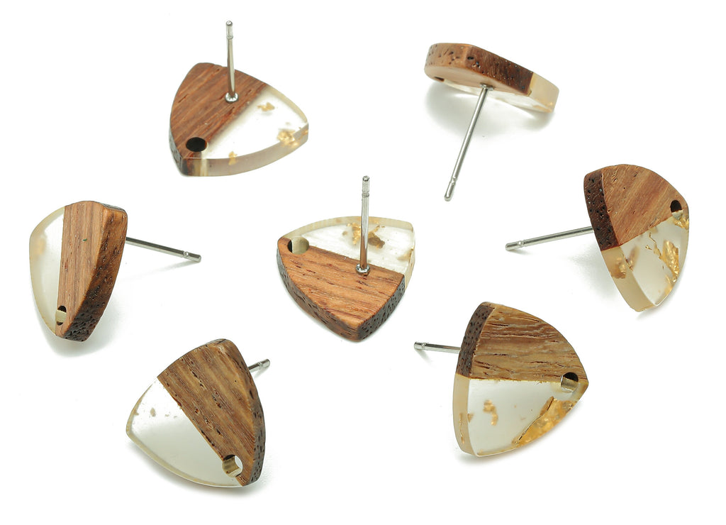 Natural Wooden Shield Earring Stud - Walnut Wood Gold Foil Clear Resin Earring Post - 316 Stainless Steel Stud - 14.1x13.1x3.6mm - BB1263S - DOMEDBAZAAR