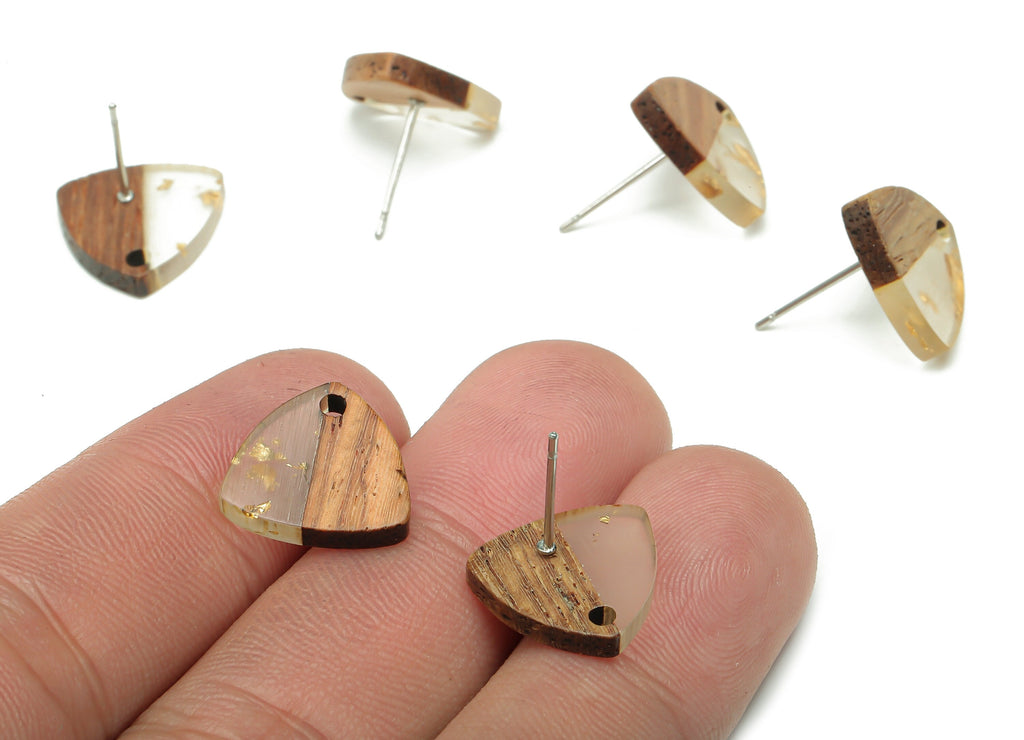 Natural Wooden Shield Earring Stud - Walnut Wood Gold Foil Clear Resin Earring Post - 316 Stainless Steel Stud - 14.1x13.1x3.6mm - BB1263S - DOMEDBAZAAR