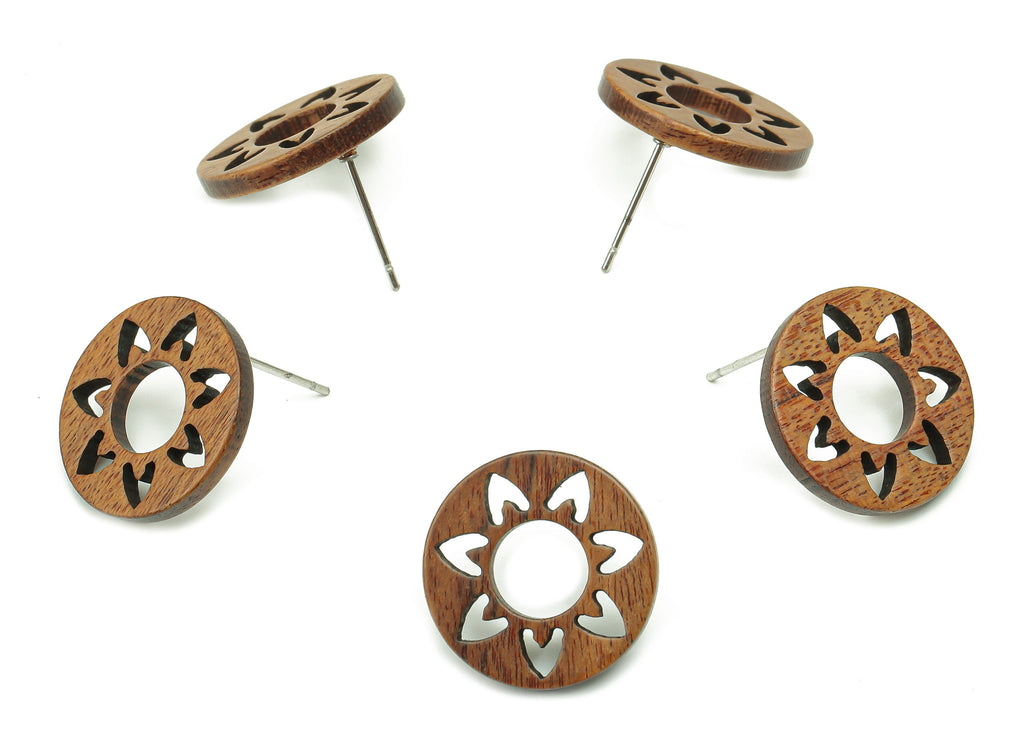 Natural Wooden Round Earring Stud - Walnut Wood Flower Brown Circle Earring Post - Stainless Steel Stud - 17.7x17.7x2.7mm - BB1264 - DOMEDBAZAAR