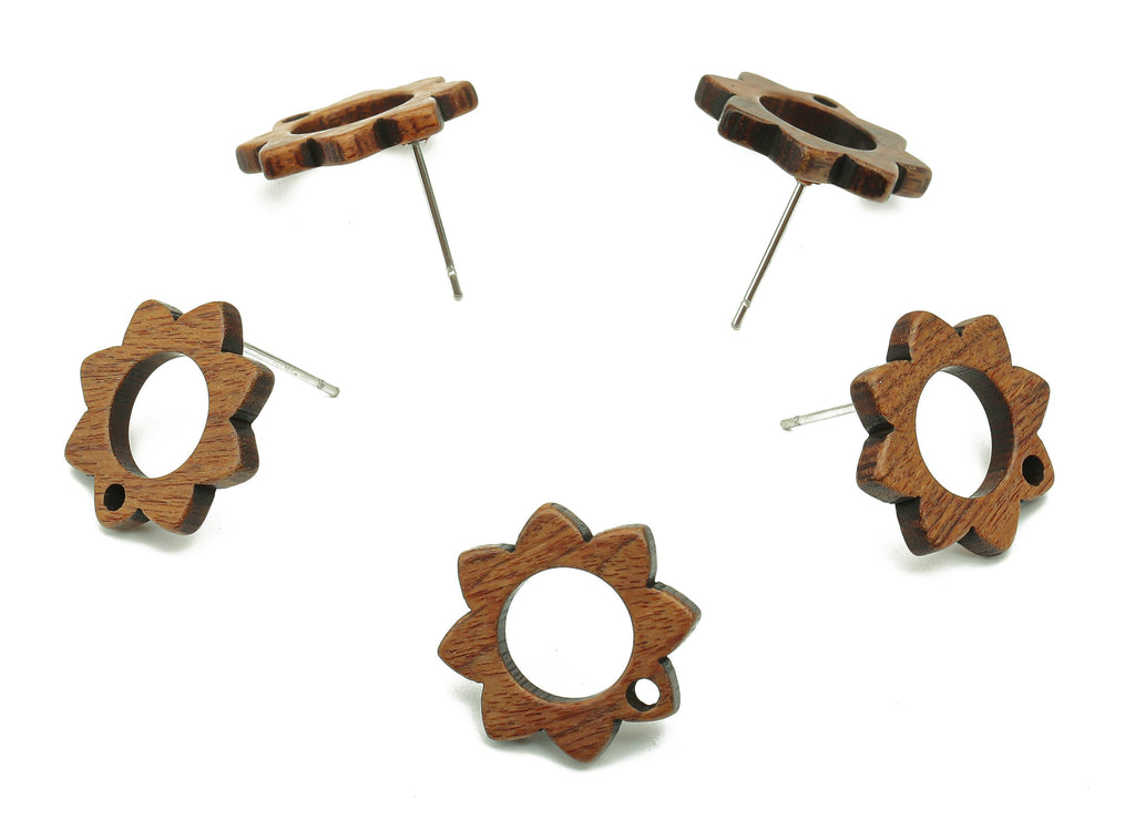 Natural Wooden Flower Earring Stud - Walnut Wood Flower Brown Earring Post - Stainless Steel Stud - 17.16x17.16x2.09mm - BB1265 - DOMEDBAZAAR