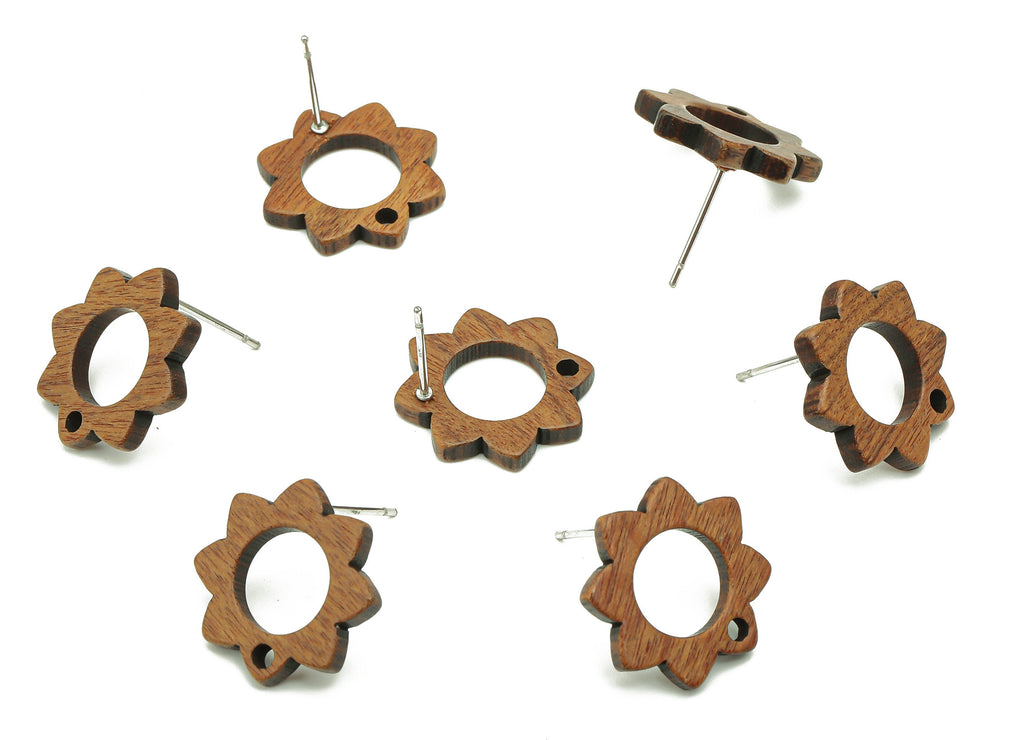 Natural Wooden Flower Earring Stud - Walnut Wood Flower Brown Earring Post - Stainless Steel Stud - 17.16x17.16x2.09mm - BB1265 - DOMEDBAZAAR