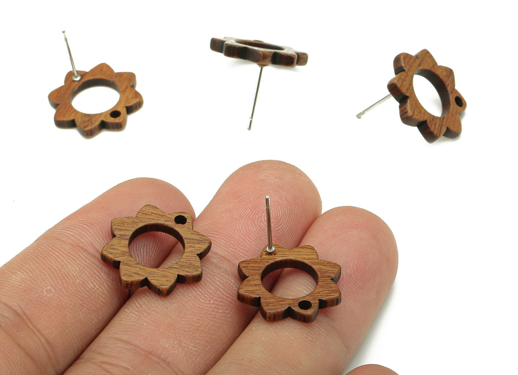 Natural Wooden Flower Earring Stud - Walnut Wood Flower Brown Earring Post - Stainless Steel Stud - 17.16x17.16x2.09mm - BB1265 - DOMEDBAZAAR