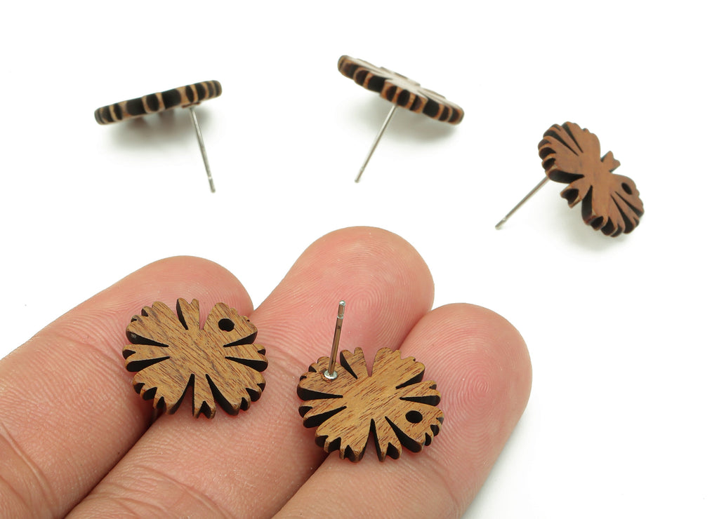 Natural Wooden Flower Earring Stud - Walnut Wood Flower Brown Earring Post - Stainless Steel Stud - 17.04x17.04x2.36mm - BB1266 - DOMEDBAZAAR