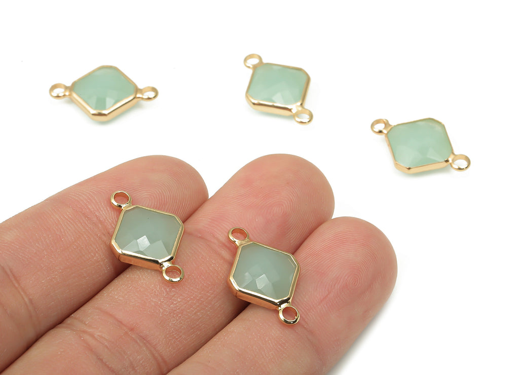 Brass Glass Diamond Earring Connectors - Green Rhombic Frame Bracelet - Gold Tone Plated Brass - Faceted Glass - 19.3x12.2x4.8mm - GS1136A - DOMEDBAZAAR