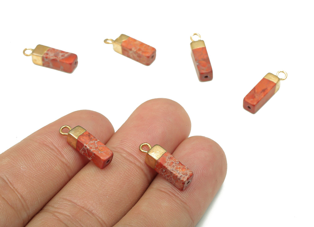 Imperial Pine Earring Charms - Iron Orange Rectangle Pendant - Natural Stone Earring - Gold Tone Plated Brass - 16.98x4.57x4.57mm - NS1867A - DOMEDBAZAAR