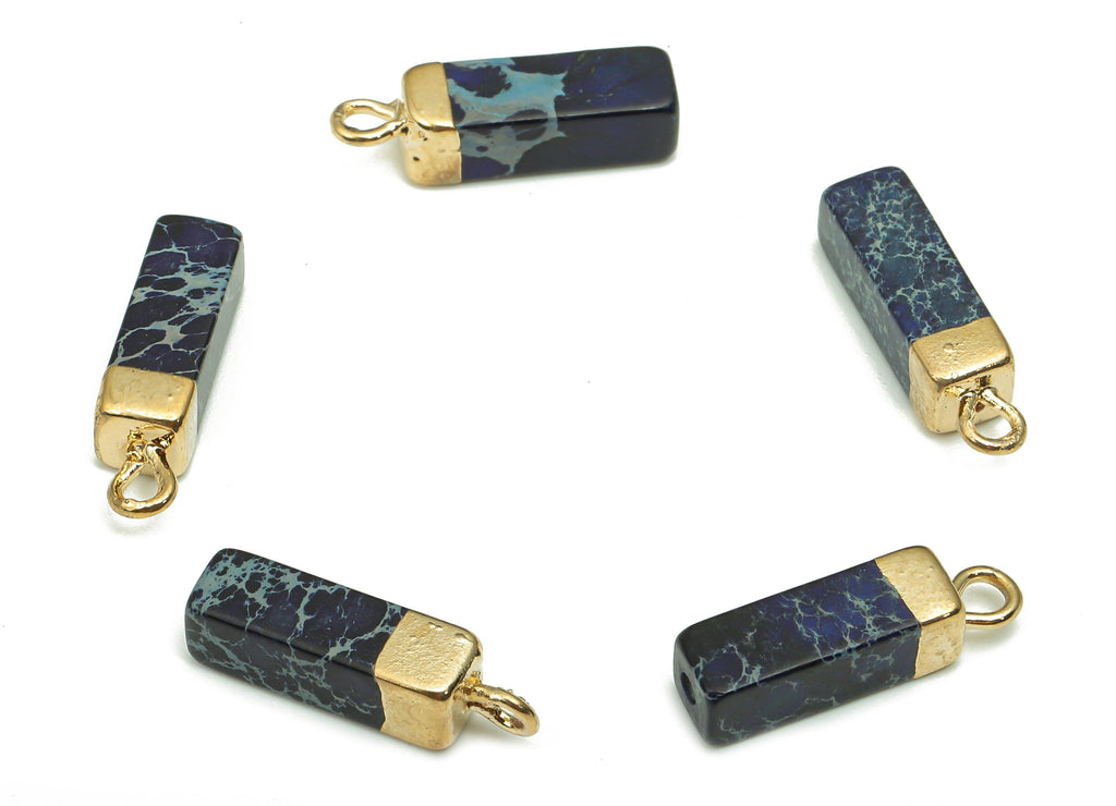 Imperial Pine Earring Charms - Iron Drak Blue Rectangle Pendant - Natural Stone Earring - Gold Tone Plated Brass - 16.98x4.6x4.6mm - NS1867F - DOMEDBAZAAR
