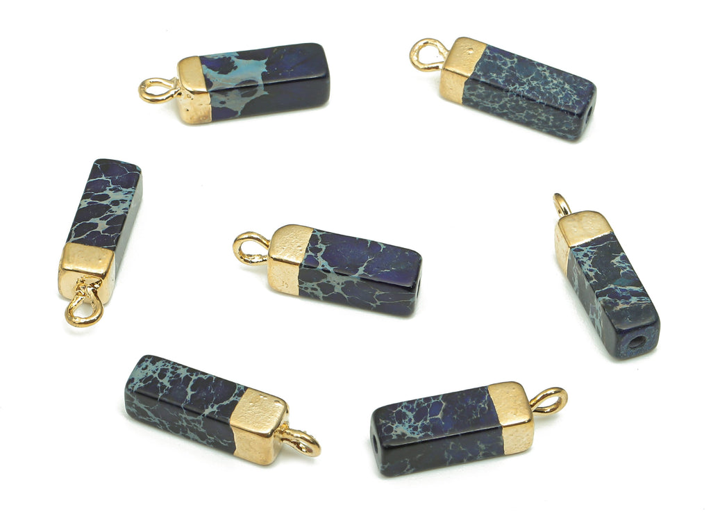 Imperial Pine Earring Charms - Iron Drak Blue Rectangle Pendant - Natural Stone Earring - Gold Tone Plated Brass - 16.98x4.6x4.6mm - NS1867F - DOMEDBAZAAR