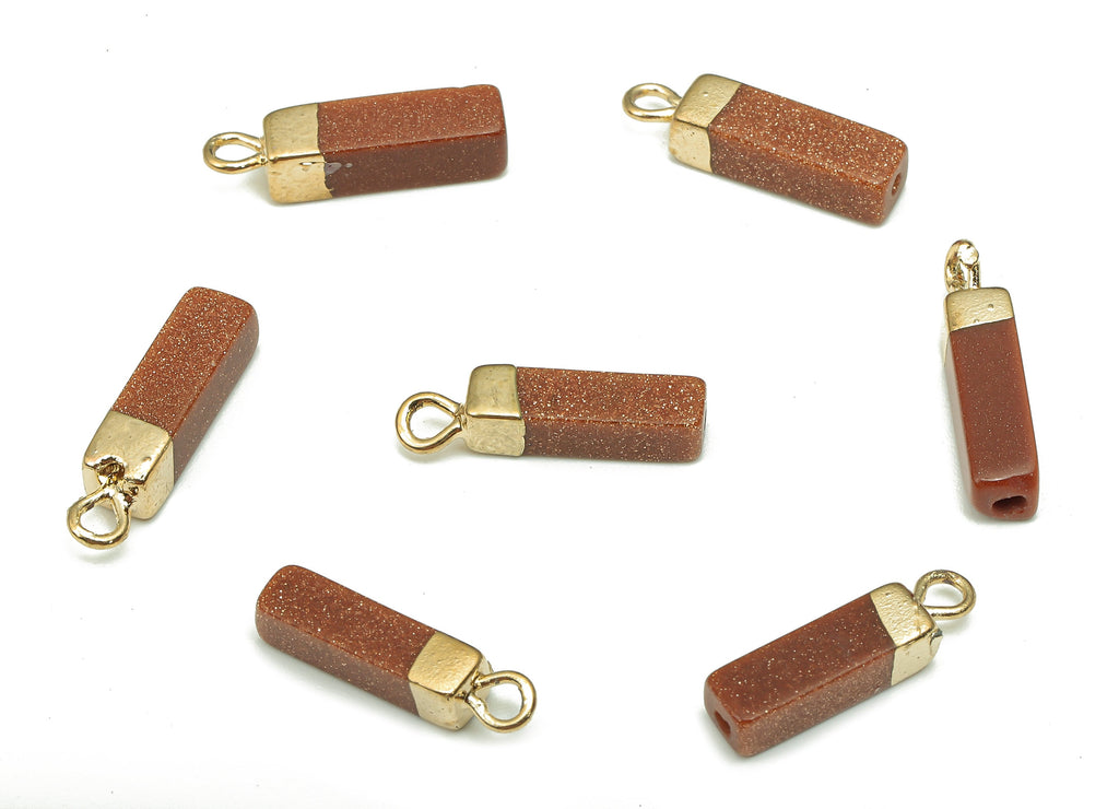 Golden Sandstone Earring Charms - Iron Red Rectangle Pendant - Natural Stone Earring - Gold Tone Plated Brass - 16.98x4.57x4.57mm - NS1867G - DOMEDBAZAAR