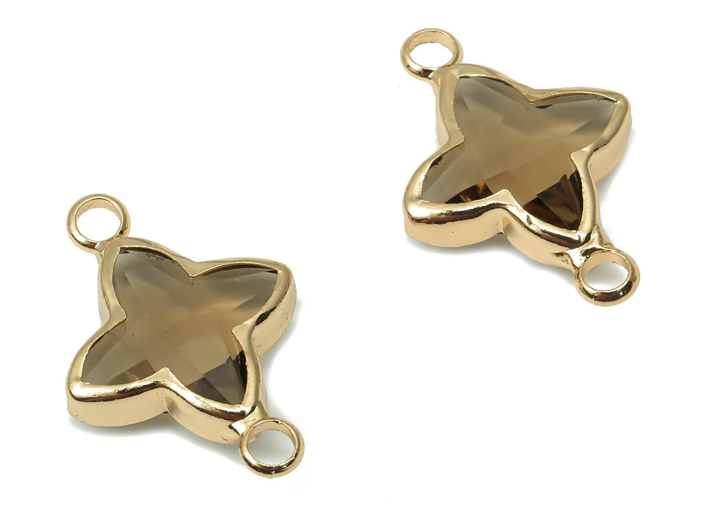 Brass Frame Glass North Star Connector - Four-Pointed Star Bracelet Charm -Gold Tone Plating-Faceted Clear Black Glass-20x14.4x4.4mm-GS1147B - DOMEDBAZAAR