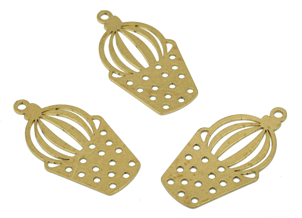 Brass Cactus Earring Charms - Raw Brass Cutout Earring - Cactus Flower Pot Charm - Flower Pendant With Loop - 34.97x18.83x0.66mm - PPA5500 - DOMEDBAZAAR