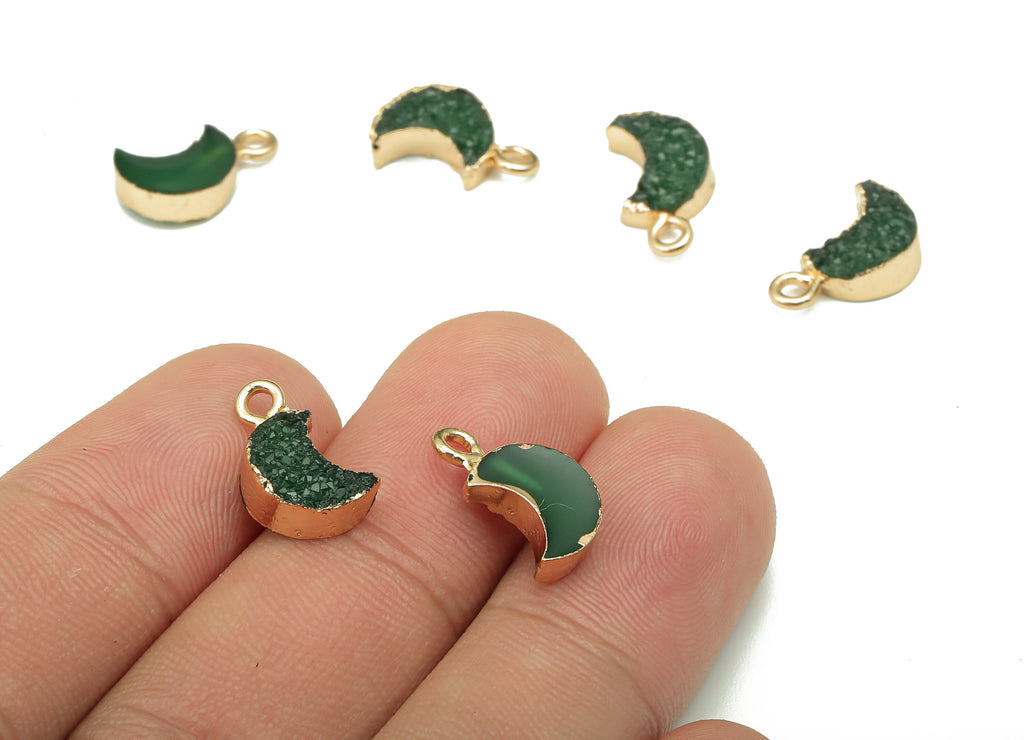 Druzy Crescent Earring Charms - Brass Green Resin Earrings - Moon Pendant With Loop - Gold Tone Plating - 14.02x8.13x3.88mm - RC1213B - DOMEDBAZAAR