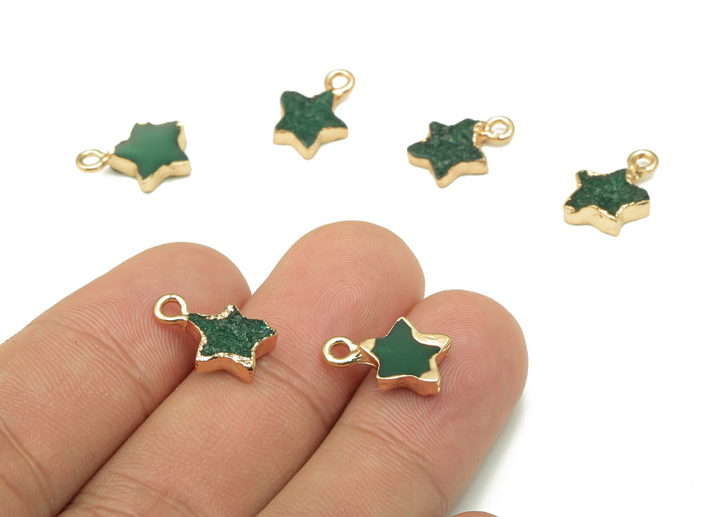 Druzy Star Earring Charms - Brass Green Resin Earrings - Star Pendant With Loop - Gold Tone Plating - 14.21x9.96x2.74mm - RC1214 - DOMEDBAZAAR