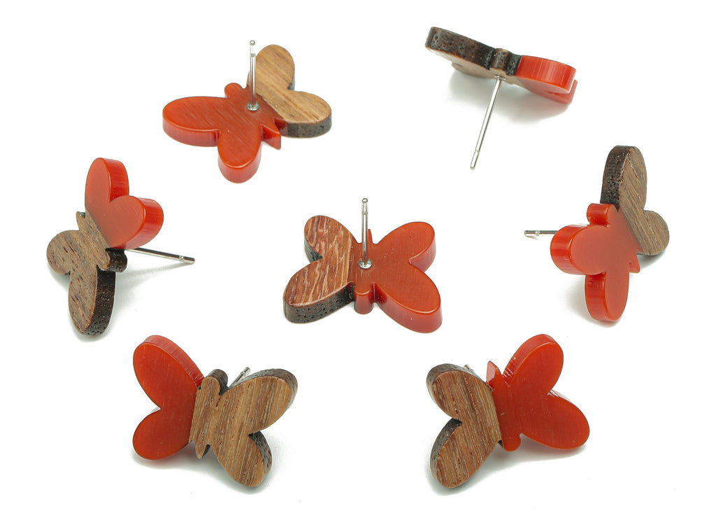 Natural Wooden Butterfly Earring Stud - Walnut Wood Red Resin Earring Post - 316 Stainless Steel Stud - 18.13x13.48x3.17mm - BB1273A - DOMEDBAZAAR