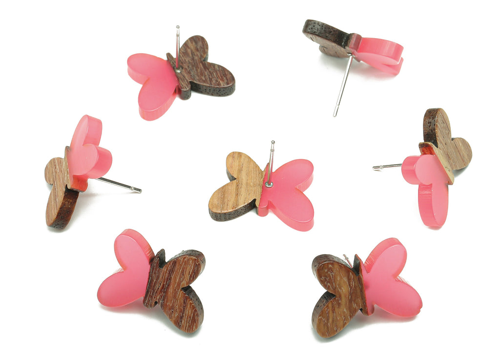 Natural Wooden Butterfly Earring Stud - Walnut Wood Pink Resin Earring Post - 316 Stainless Steel Stud - 18.13x13.48x3.17mm - BB1273B - DOMEDBAZAAR
