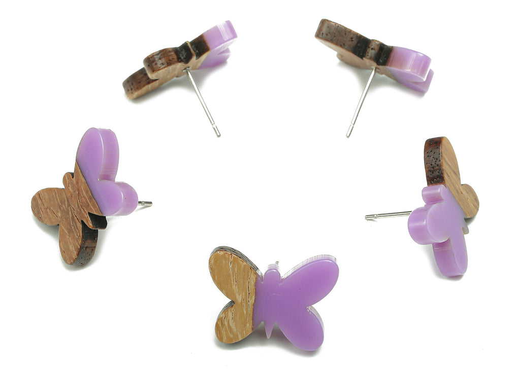 Natural Wooden Butterfly Earring Stud - Walnut Wood Purple Resin Earring Post - 316 Stainless Steel Stud - 18.13x13.48x3.17mm - BB1273C - DOMEDBAZAAR