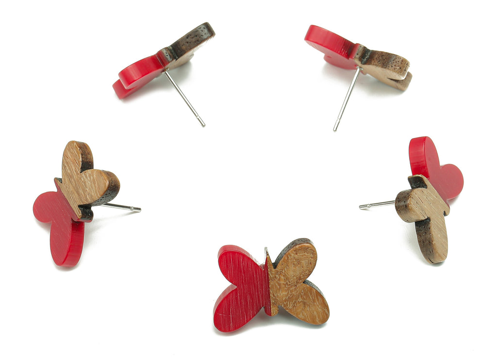 Natural Wooden Butterfly Earring Stud - Walnut Wood Red Resin Earring Post - 316 Stainless Steel Stud - 18.13x13.48x3.17mm - BB1273E - DOMEDBAZAAR