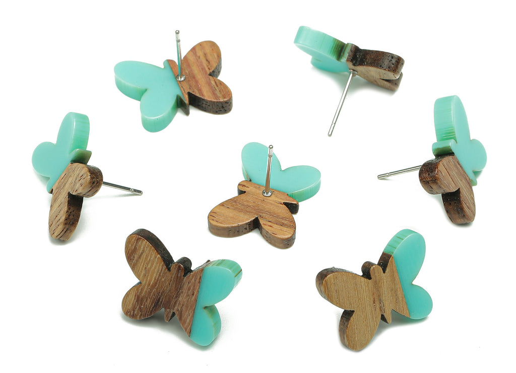 Natural Wooden Butterfly Earring Stud - Walnut Wood Aqua Resin Earring Post - 316 Stainless Steel Stud - 18.13x13.48x3.17mm - BB1273D - DOMEDBAZAAR