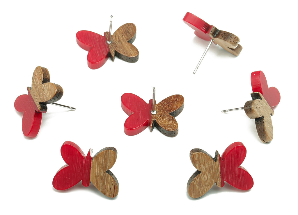 Natural Wooden Butterfly Earring Stud - Walnut Wood Red Resin Earring Post - 316 Stainless Steel Stud - 18.13x13.48x3.17mm - BB1273E - DOMEDBAZAAR