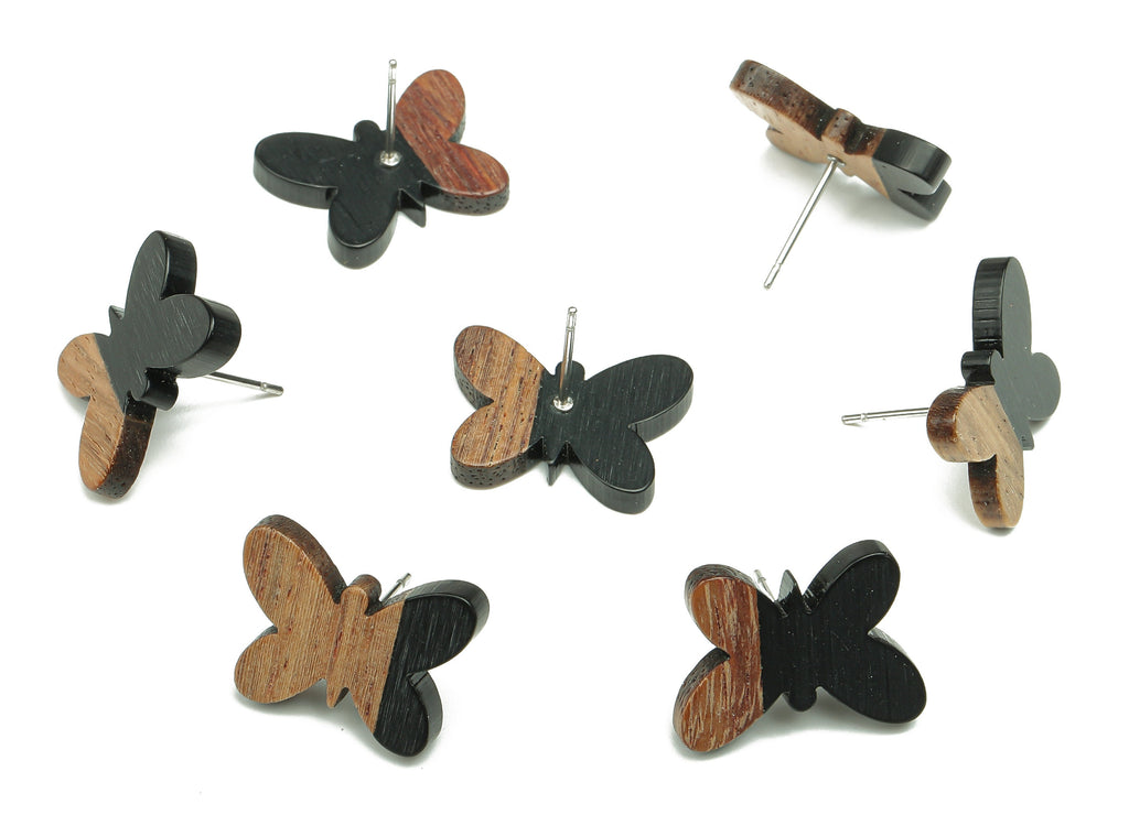 Natural Wooden Butterfly Earring Stud - Walnut Wood Black Resin Earring Post - 316 Stainless Steel Stud - 18.13x13.48x3.17mm - BB1273F - DOMEDBAZAAR
