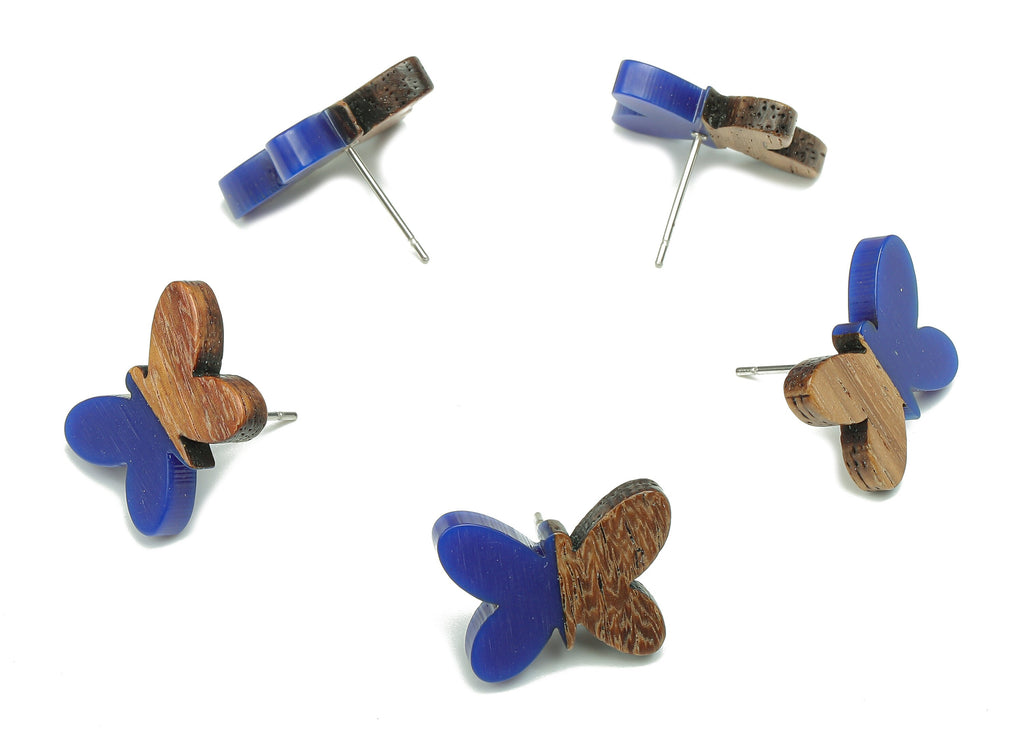 Natural Wooden Butterfly Earring Stud - Walnut Wood Blue Resin Earring Post - 316 Stainless Steel Stud - 18.13x13.48x3.17mm - BB1273J - DOMEDBAZAAR