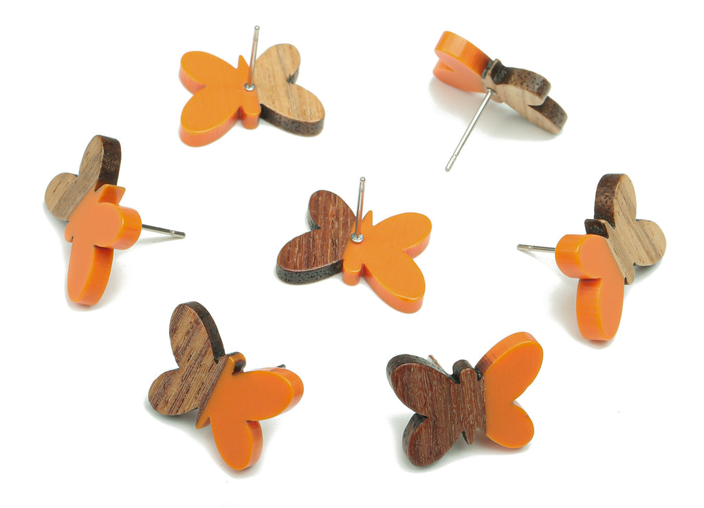 Natural Wooden Butterfly Earring Stud - Walnut Wood Orange Resin Earring Post - 316 Stainless Steel Stud - 18.13x13.48x3.17mm - BB1273H - DOMEDBAZAAR