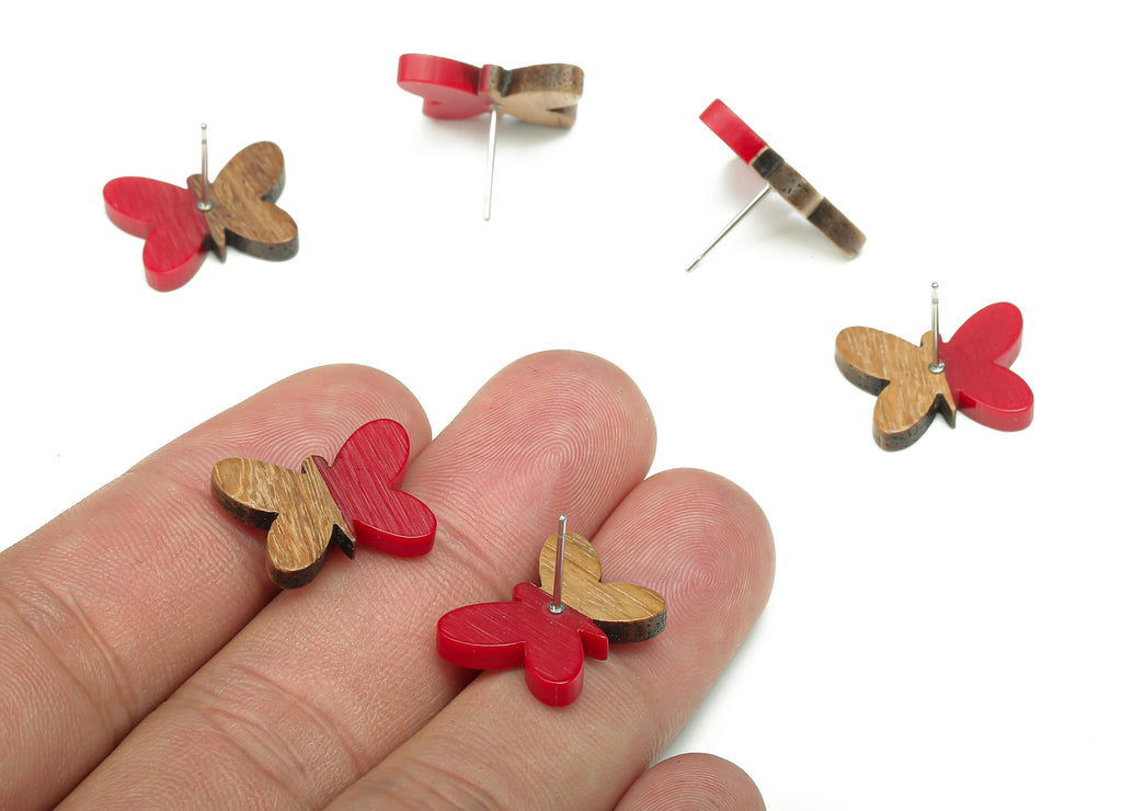 Natural Wooden Butterfly Earring Stud - Walnut Wood Red Resin Earring Post - 316 Stainless Steel Stud - 18.13x13.48x3.17mm - BB1273E - DOMEDBAZAAR