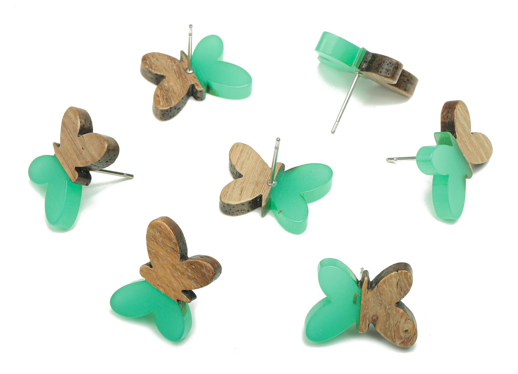 Natural Wooden Butterfly Earring Stud - Walnut Wood Green Resin Earring Post - 316 Stainless Steel Stud - 18.13x13.48x3.17mm - BB1273K - DOMEDBAZAAR