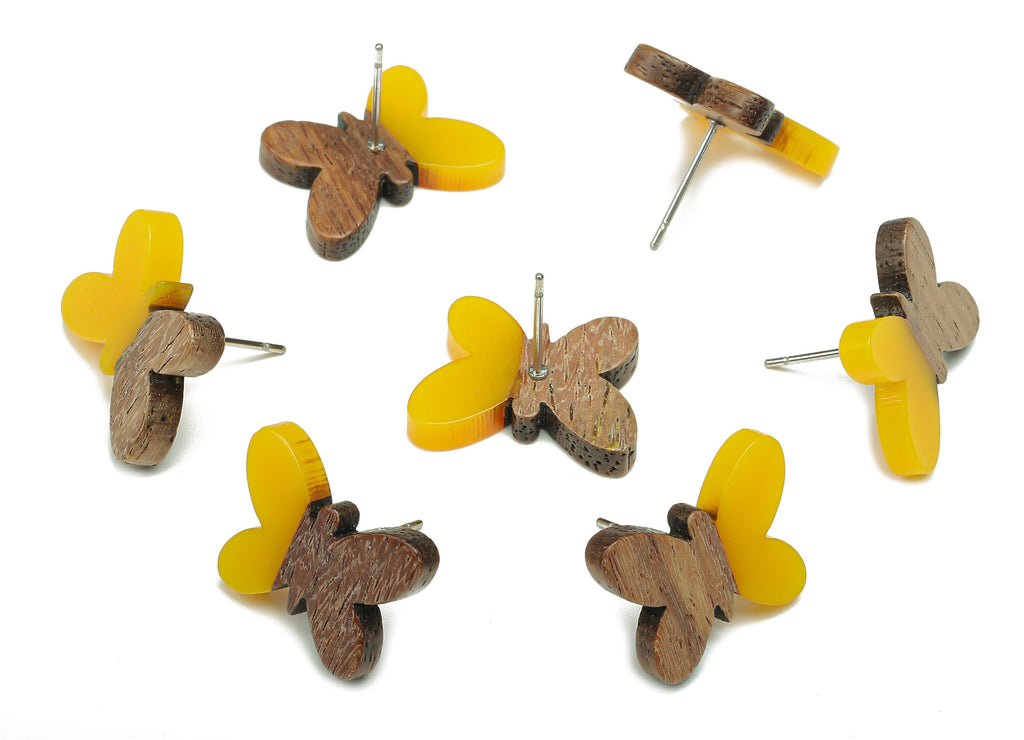 Natural Wooden Butterfly Earring Stud - Walnut Wood Yellow Resin Earring Post - 316 Stainless Steel Stud - 18.13x13.48x3.17mm - BB1273L - DOMEDBAZAAR
