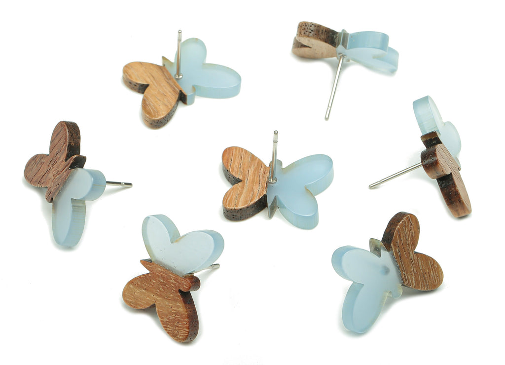 Natural Wooden Butterfly Earring Stud - Walnut Wood Light Blue Resin Earring Post - 316 Stainless Steel Stud - 18.13x13.48x3.17mm - BB1273P - DOMEDBAZAAR