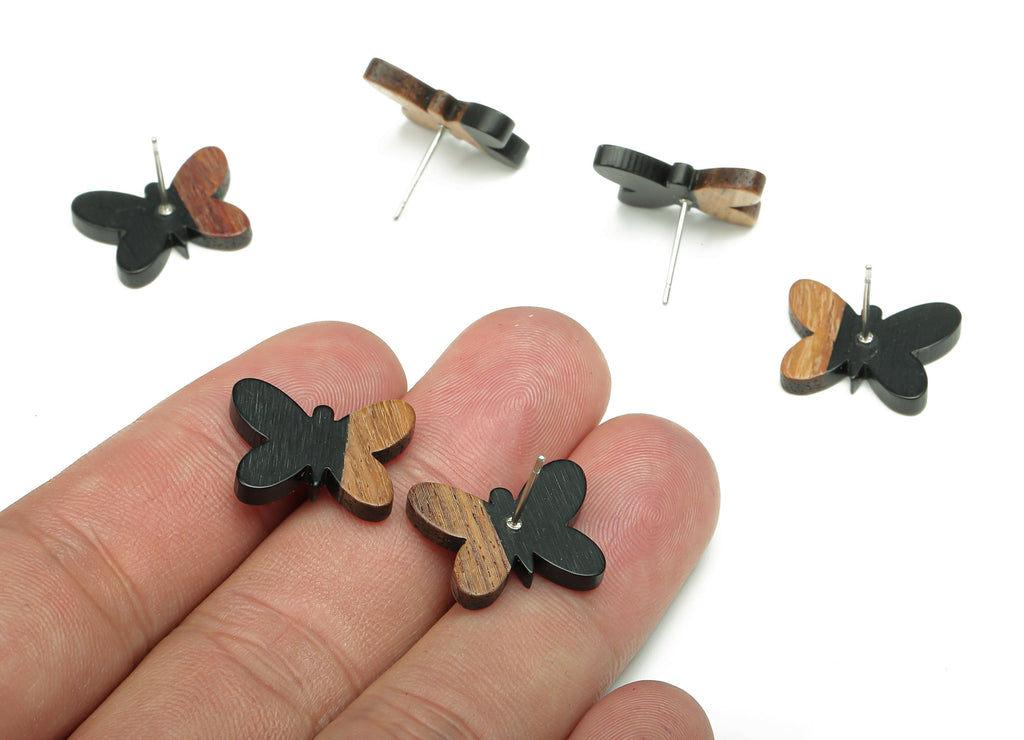 Natural Wooden Butterfly Earring Stud - Walnut Wood Black Resin Earring Post - 316 Stainless Steel Stud - 18.13x13.48x3.17mm - BB1273F - DOMEDBAZAAR