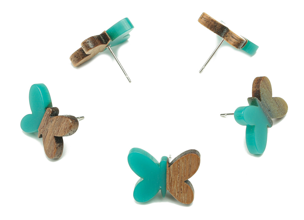 Natural Wooden Butterfly Earring Stud - Walnut Wood Petrol Resin Earring Post - 316 Stainless Steel Stud - 18.13x13.48x3.17mm - BB1273S - DOMEDBAZAAR