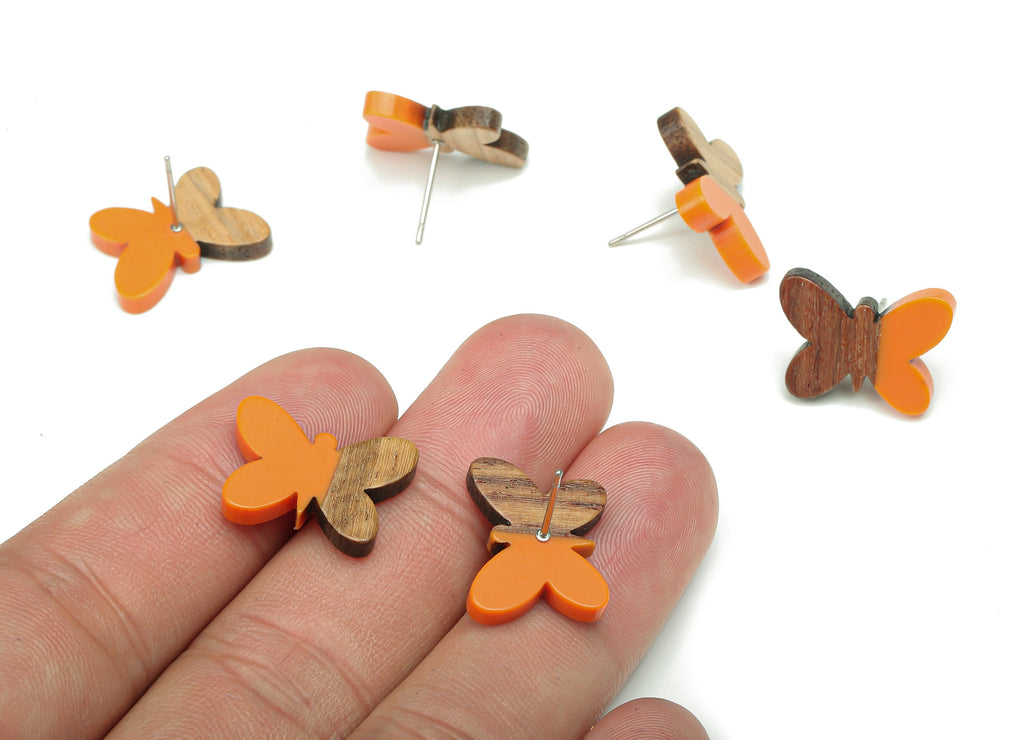 Natural Wooden Butterfly Earring Stud - Walnut Wood Orange Resin Earring Post - 316 Stainless Steel Stud - 18.13x13.48x3.17mm - BB1273H - DOMEDBAZAAR