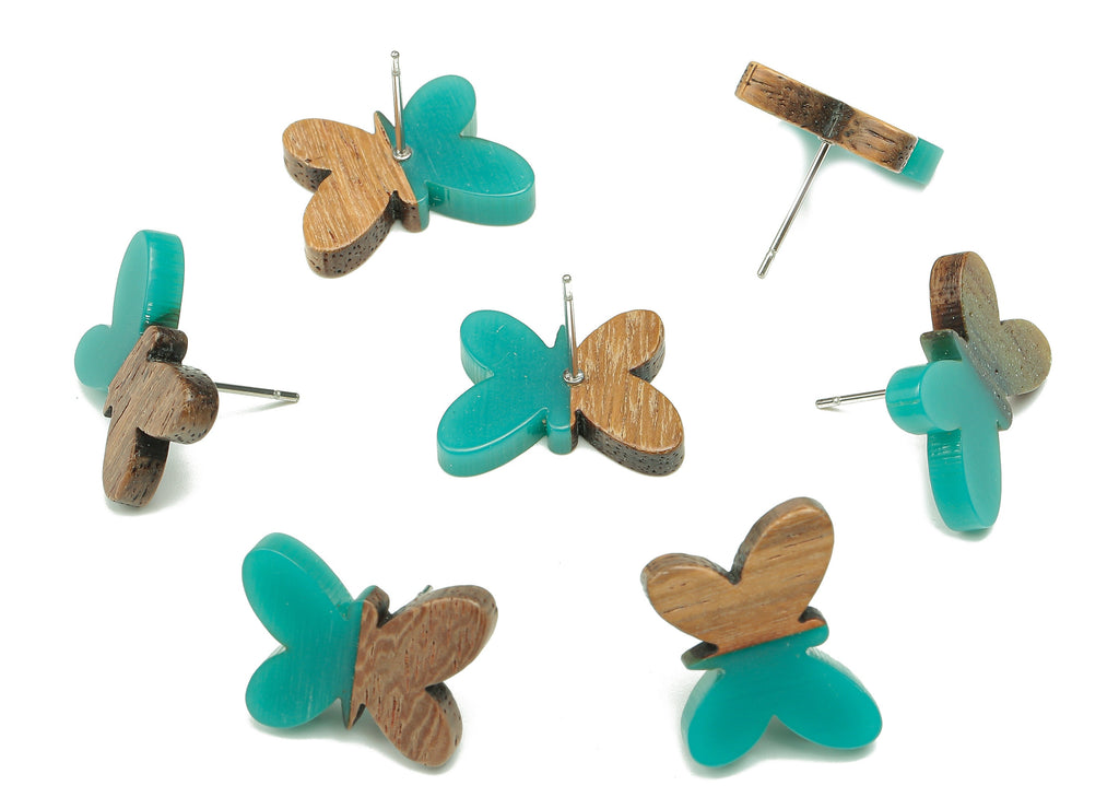 Natural Wooden Butterfly Earring Stud - Walnut Wood Petrol Resin Earring Post - 316 Stainless Steel Stud - 18.13x13.48x3.17mm - BB1273S - DOMEDBAZAAR