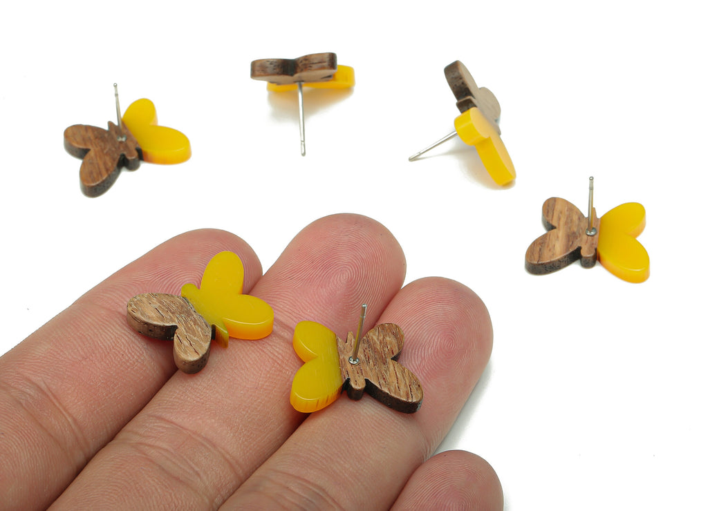 Natural Wooden Butterfly Earring Stud - Walnut Wood Yellow Resin Earring Post - 316 Stainless Steel Stud - 18.13x13.48x3.17mm - BB1273L - DOMEDBAZAAR