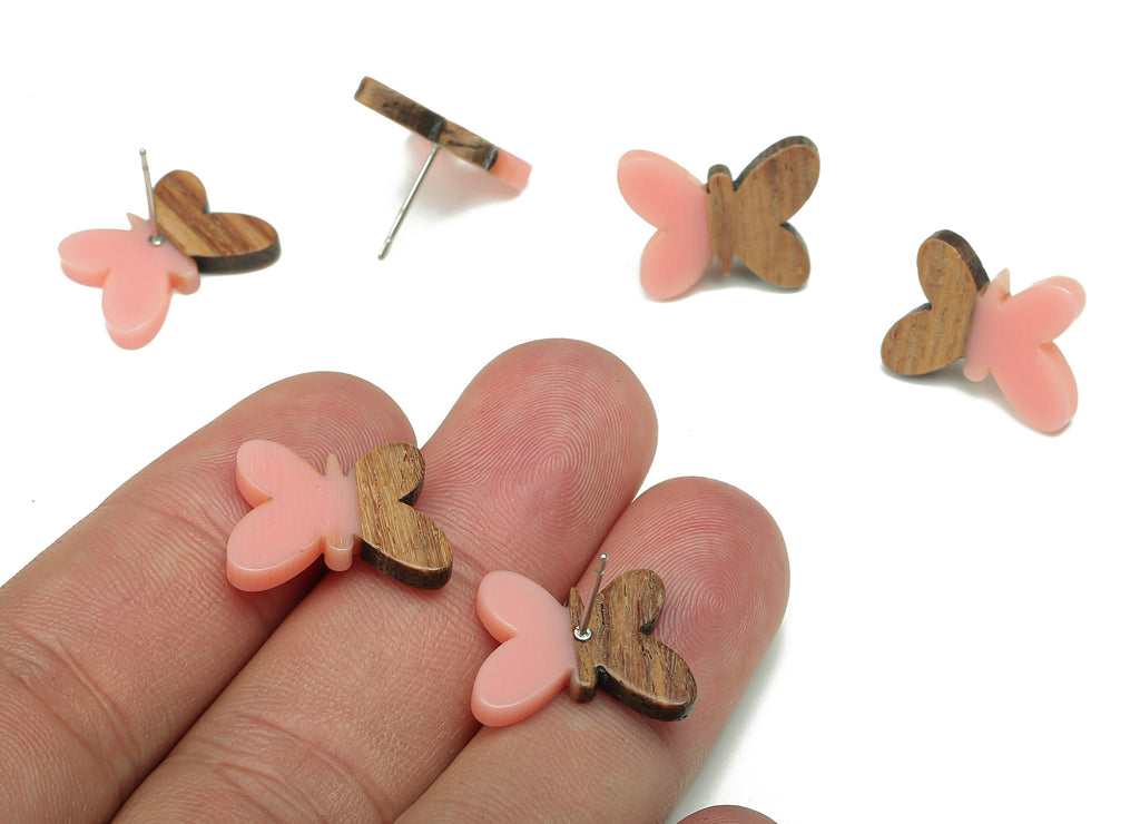 Natural Wooden Butterfly Earring Stud - Walnut Wood Pink Resin Earring Post - 316 Stainless Steel Stud - 18.13x13.48x3.17mm - BB1273M - DOMEDBAZAAR
