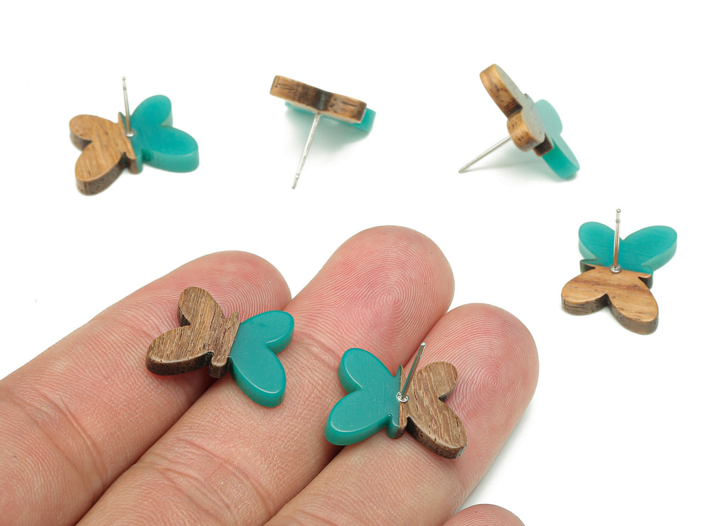 Natural Wooden Butterfly Earring Stud - Walnut Wood Petrol Resin Earring Post - 316 Stainless Steel Stud - 18.13x13.48x3.17mm - BB1273S - DOMEDBAZAAR