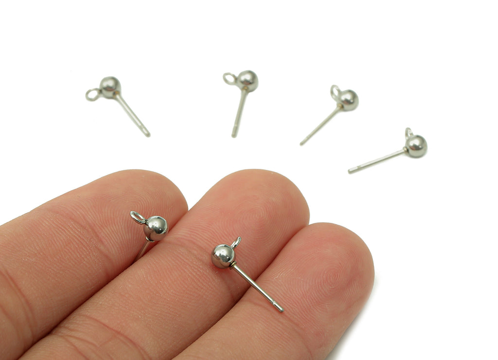 Steel Mini Ball Earring Stud - Silver Earring Post With Loop - Ball Stud Earring Charm - 316 Stainless Steel - 14.9x3.9x0.7mm - SS1407-4 - DOMEDBAZAAR