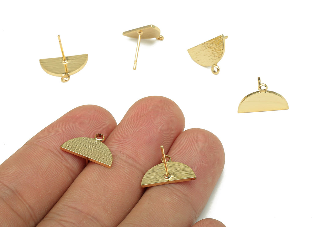 Brass Semicircle Earring Posts - Half Moon Earring With Loop - Textured tainless Steel Stud - 18K Real Gold Plating -15.2x10.3x1.1mm-RGP5246 - DOMEDBAZAAR