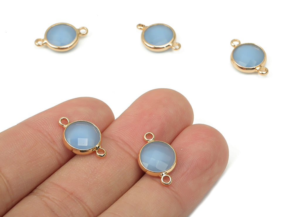Brass Glass Diamond Earring Connector - Light Blue Round Frame Bracelet - Gold Tone Plated Brass - Faceted Glass - 16.8x10.7x4.4mm - GS1135B - DOMEDBAZAAR