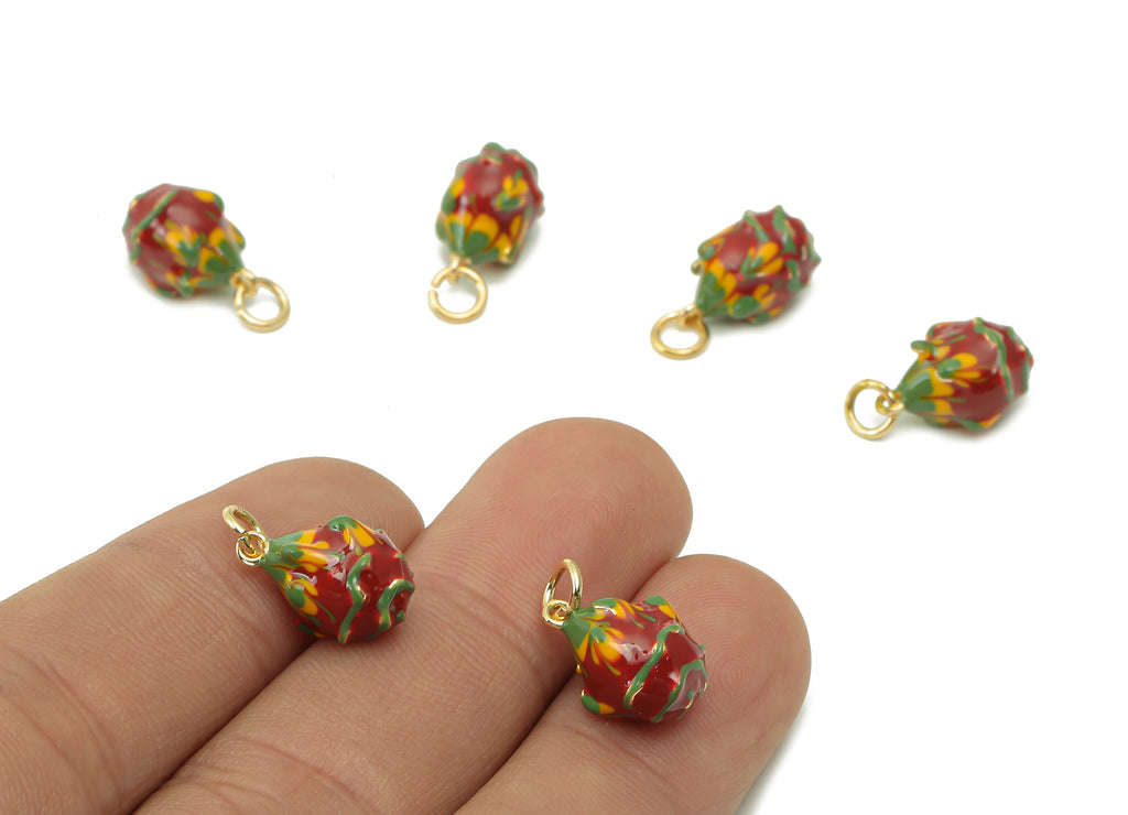 Brass Red Pitaya Earring Charm - Enamel Mini Dragon Fruit Charm - Figure Pendant With Loop - 18K Real Gold Plating - 14x8.3x8.3mm - RGP5371 - DOMEDBAZAAR