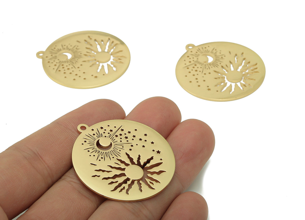 Steel Round Sun Space Earring - Crescent Star Pendant With Loop - 201 Stainless Steel - 18K Real Gold Plating Galaxy Charm-38x35x1mm-SS1400G - DOMEDBAZAAR