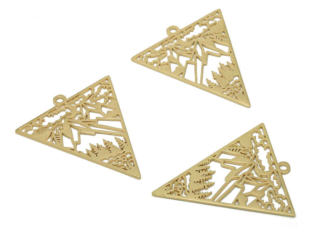 Steel Triangle Landscape Mountain Earring – Tree Cloud Pendant With Loop - 201 Stainless Steel - 18K Real Gold Plating - 38.8x33x1mm-SS1403G - DOMEDBAZAAR