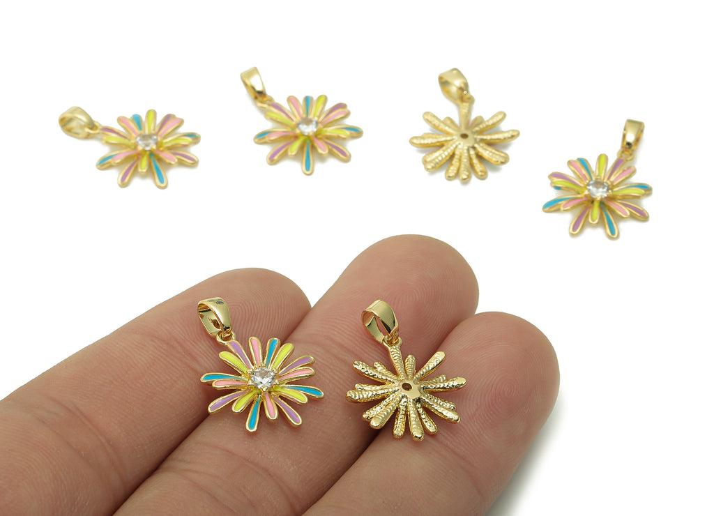 Brass Multicolor Enamel Flower Pendant - Zircon Daisy Earring With Loop - For Necklace - 18K Real Gold Plating - 17.4x15.1x2.7mm -RGP5421B - DOMEDBAZAAR