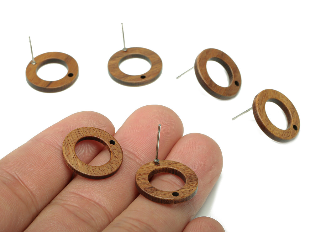 Natural Wooden Hoop Stud Earring - Mahogany Wood Circle Earring Post - Brown Round Charm - Stainless Steel Stud - 17.6x17.6x2.2mm - BB1284 - DOMEDBAZAAR