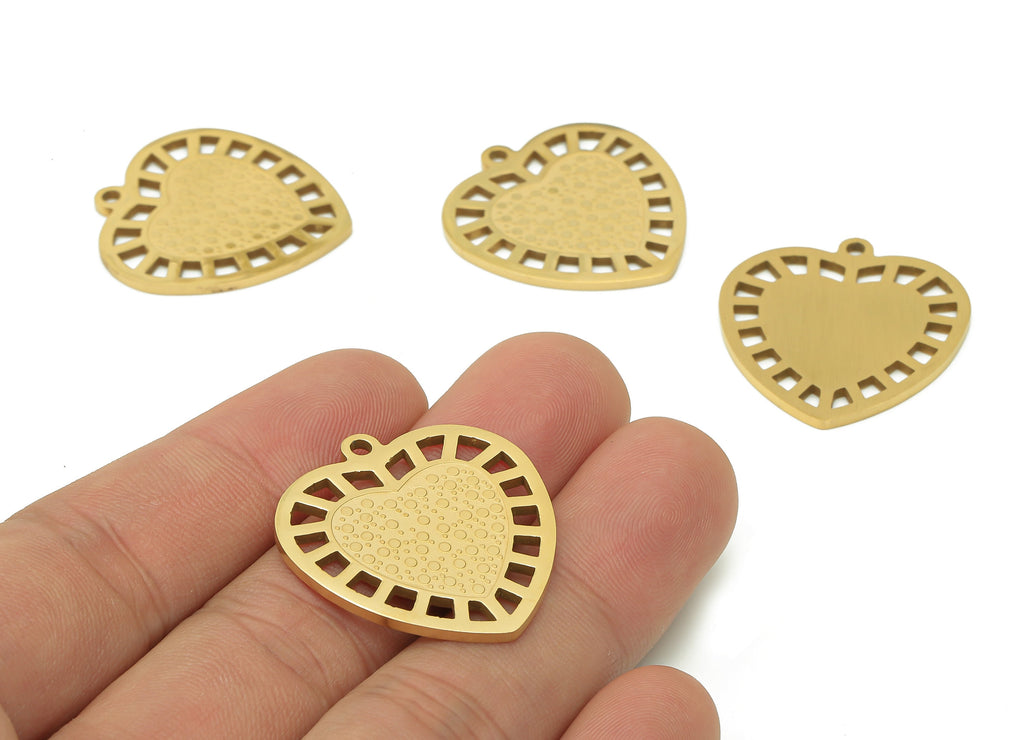 Steel Heart Dots Earring Charm - Hollow Pendant With Loop - 216 Stainless Steel - 18K Real Gold Plating Charm - 29.8x27.4x1.4mm - SS1410G - DOMEDBAZAAR