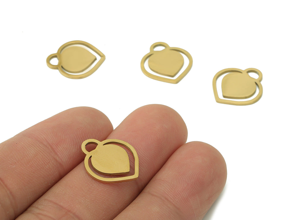 Steel Heart Earring Charm - Hollow Pendant With Loop - 216 Stainless Steel - 18K Real Gold Plating Charm - 17.08x15.28x0.95mm - SS1413G - DOMEDBAZAAR
